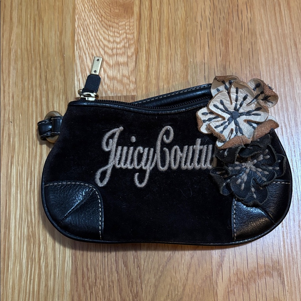 Juicy Couture Black and Brown Wristlet with Floral Design